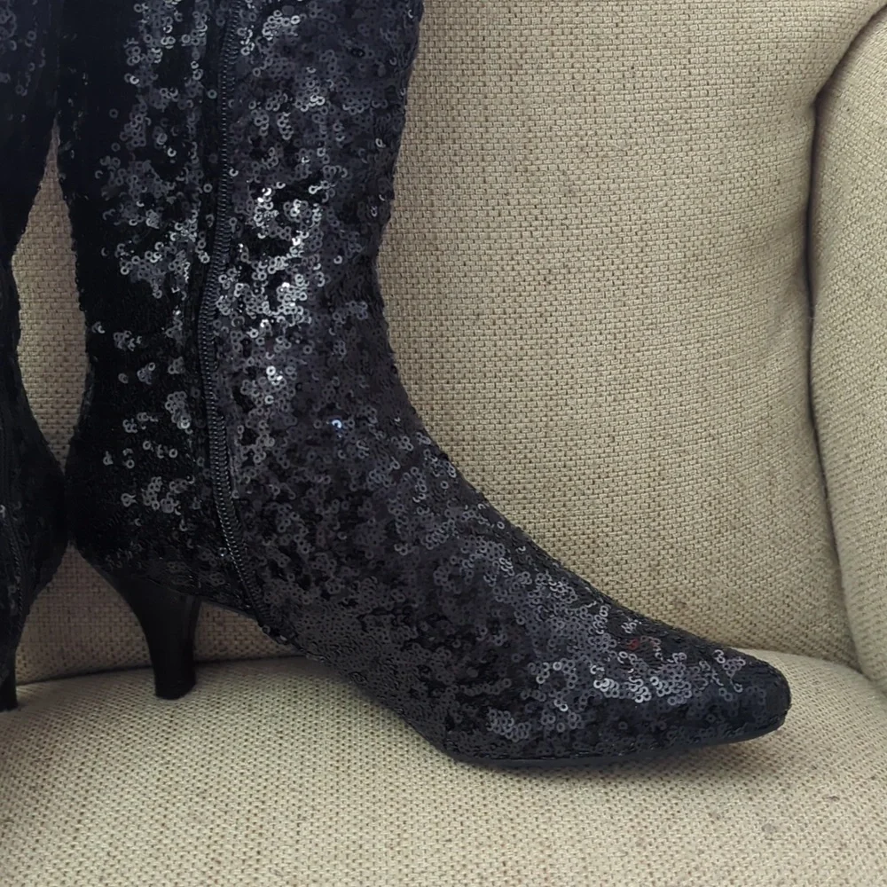 Impo Elegant Black Sequin Knee-High Boots Sixe 7.5 - Picture 2 of 6